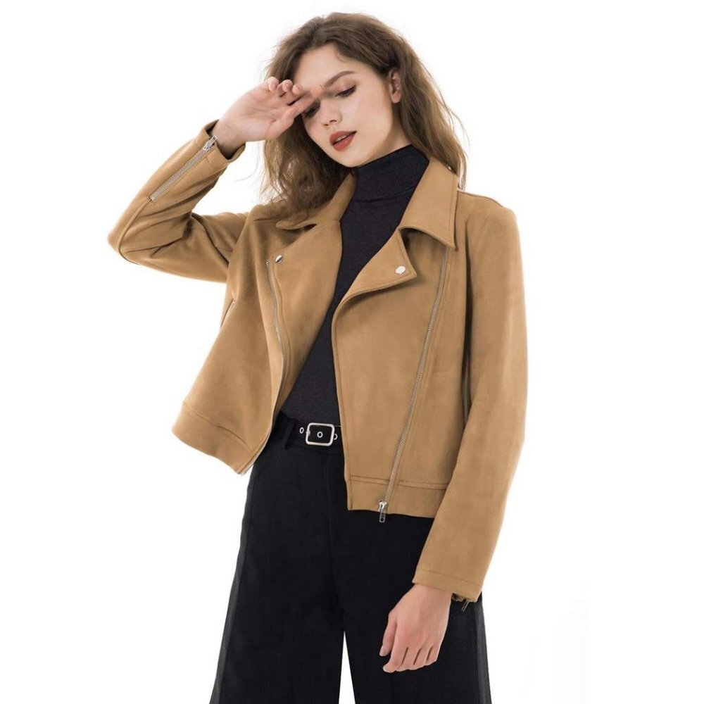Solid Long Sleeve Faux Suede Motorcycle Jackets Zipper - Style 2-camel